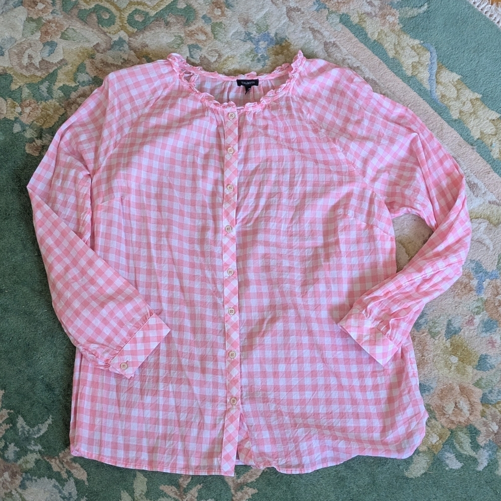 TALBOTS Women Size XL Blouse Top Pink Gingham Checked Raglan Ruffle Cotton